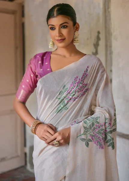 White and Wine Muga Cotton Woven Saree