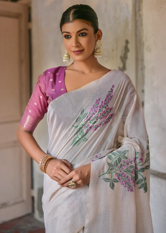 White and Wine Muga Cotton Woven Saree