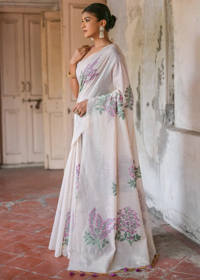 White and Wine Muga Cotton Woven Saree