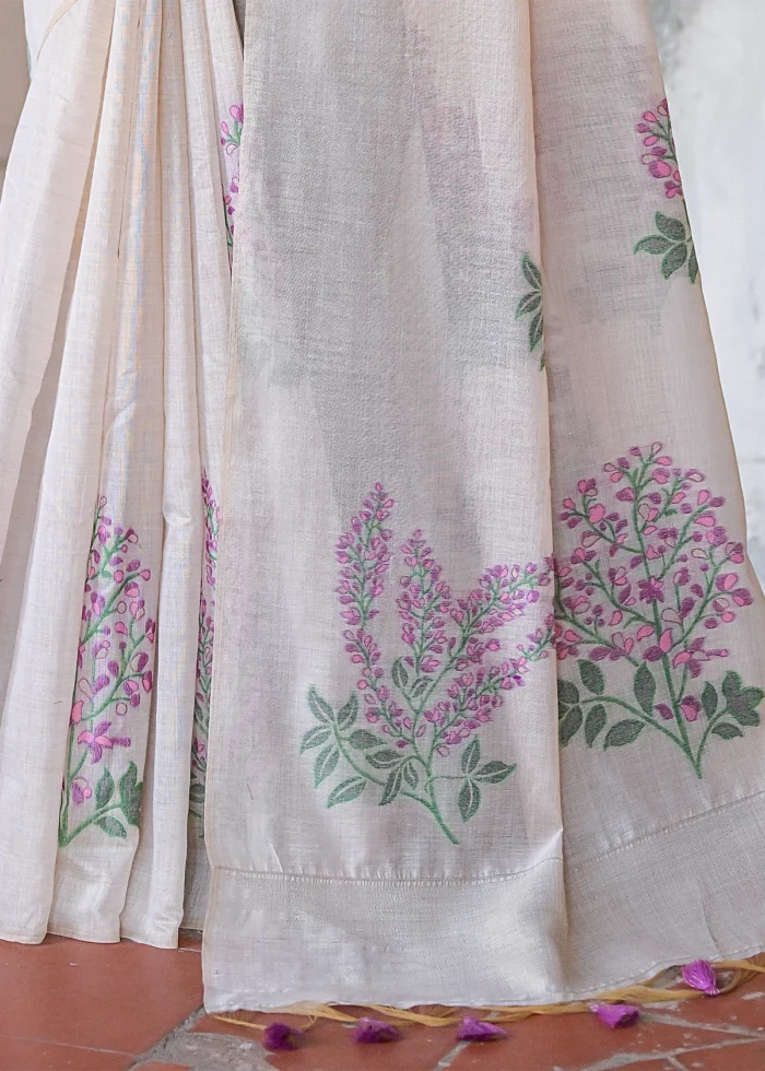 White and Wine Muga Cotton Woven Saree