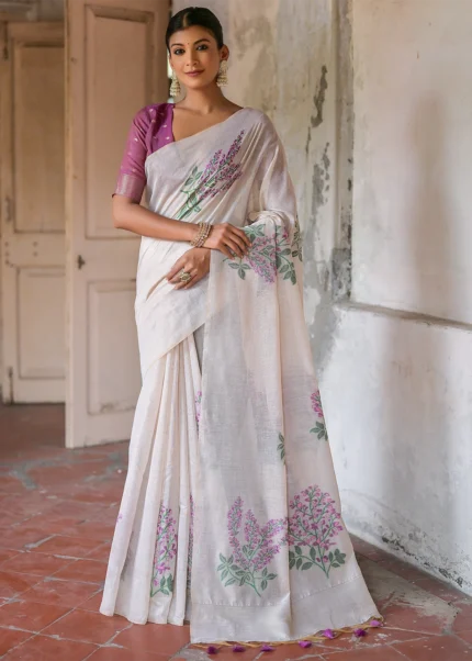 White and Wine Muga Cotton Woven Saree