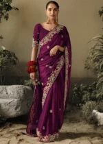 Wine Embroidered Dola Silk Saree