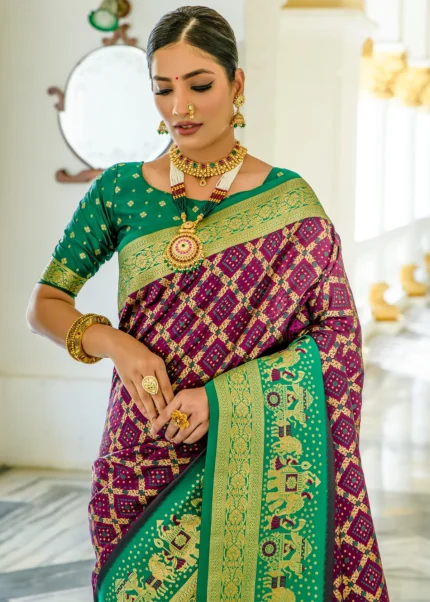 Wine and Green Banarasi Silk Saree