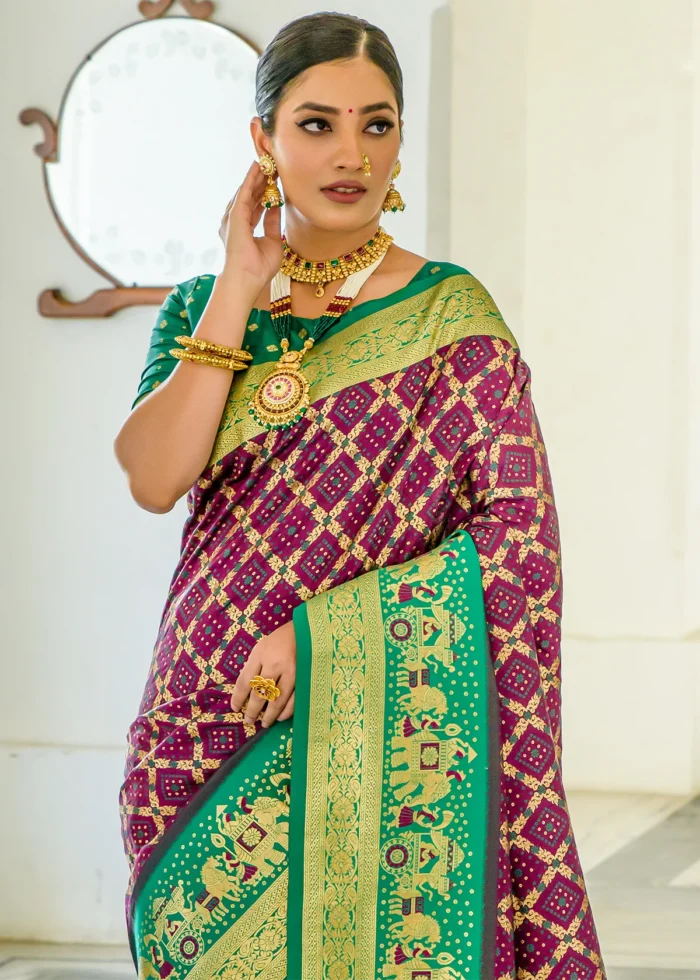 Wine and Green Banarasi Silk Saree