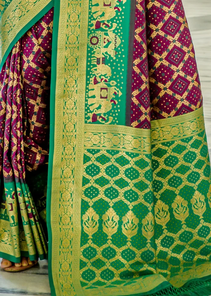 Wine and Green Banarasi Silk Saree