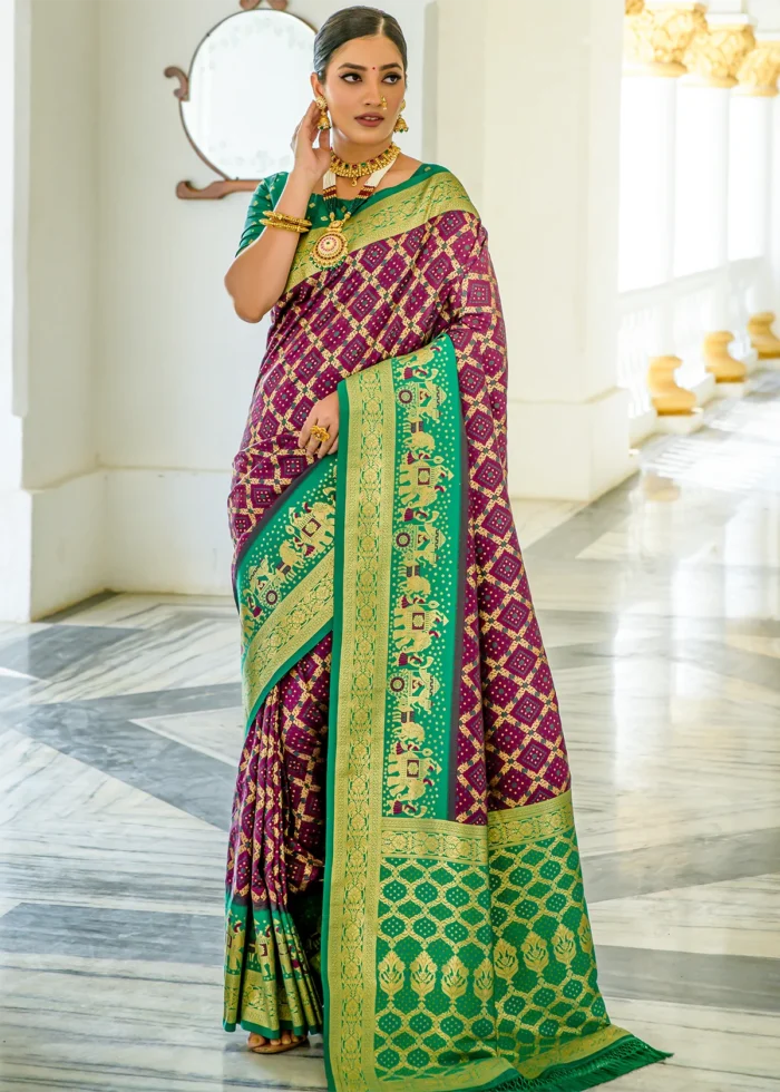 Wine and Green Banarasi Silk Saree