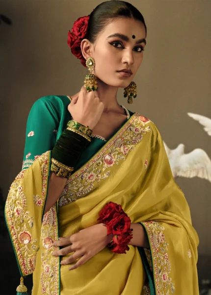 Yellow Embroidered Dola Silk Saree