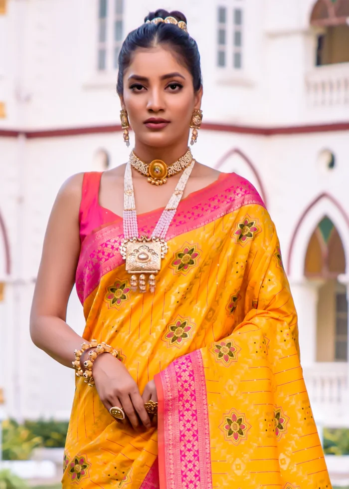 Yellow and Pink Patola Silk Saree