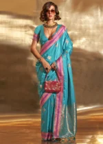 Aqua Blue Banarasi Satin Silk Saree