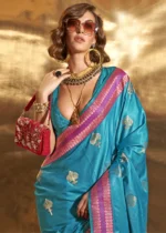 Aqua Blue Banarasi Satin Silk Saree