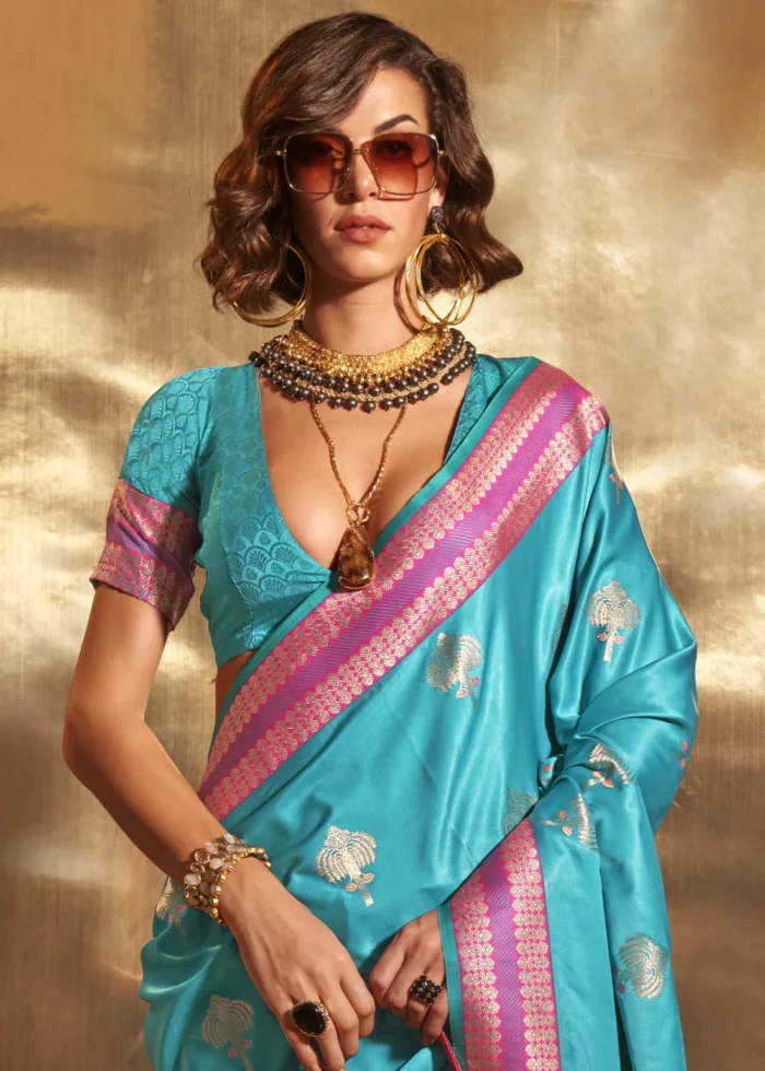 Aqua Blue Banarasi Satin Silk Saree