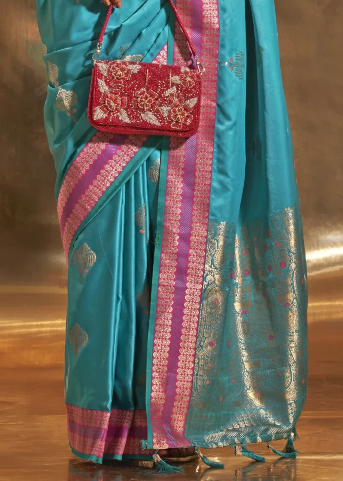 Aqua Blue Banarasi Satin Silk Saree