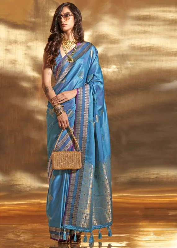 Azure Blue Banarasi Satin Silk Saree