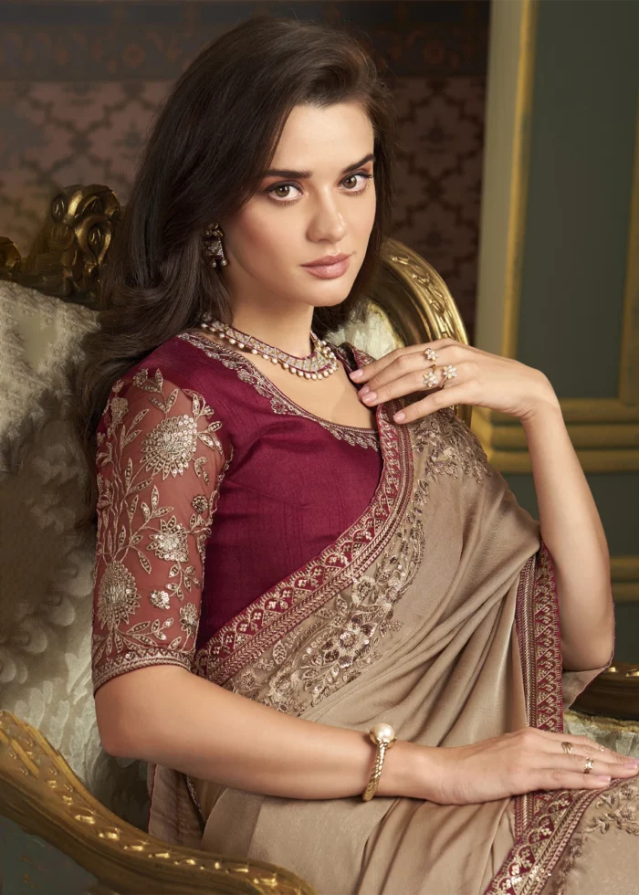 Beige Embroidered Georgette Saree