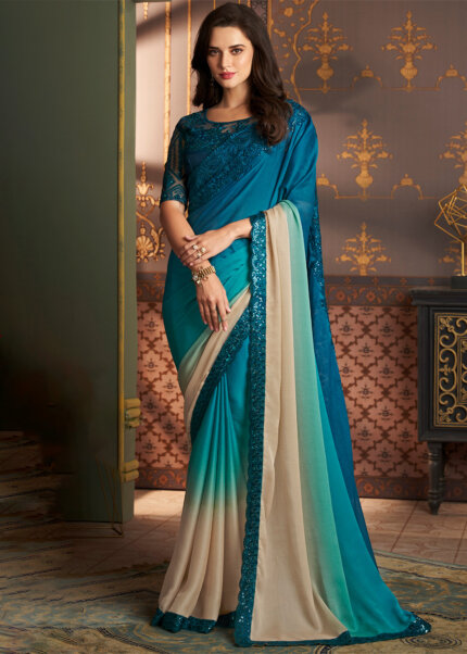 Beige and Blue Embroidered Georgette Saree