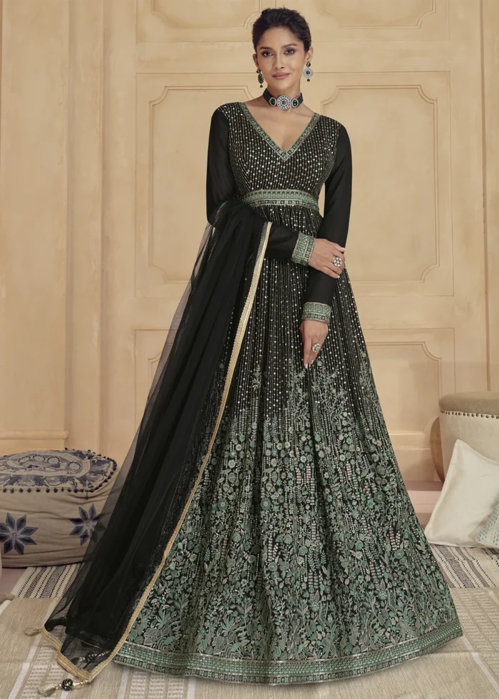 Black Georgette Anarkali Gown with Heavy Embroidery