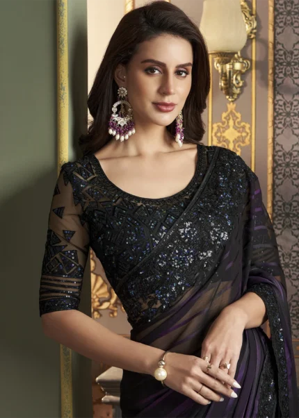 Black and Purple Embroidered Georgette Brasso Saree