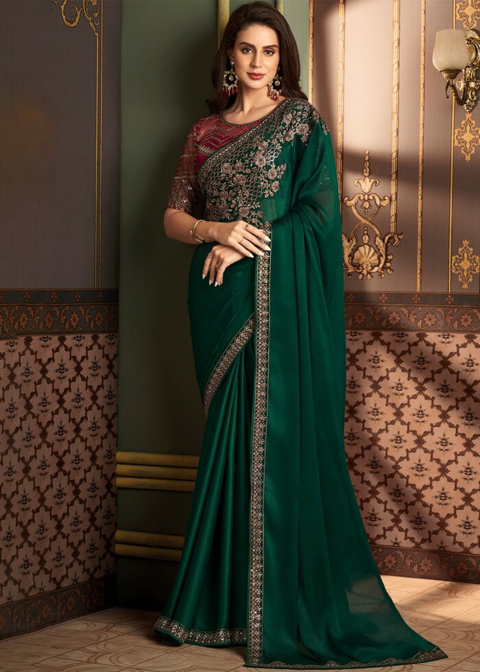 Bottle Green Embroidered Georgette Saree