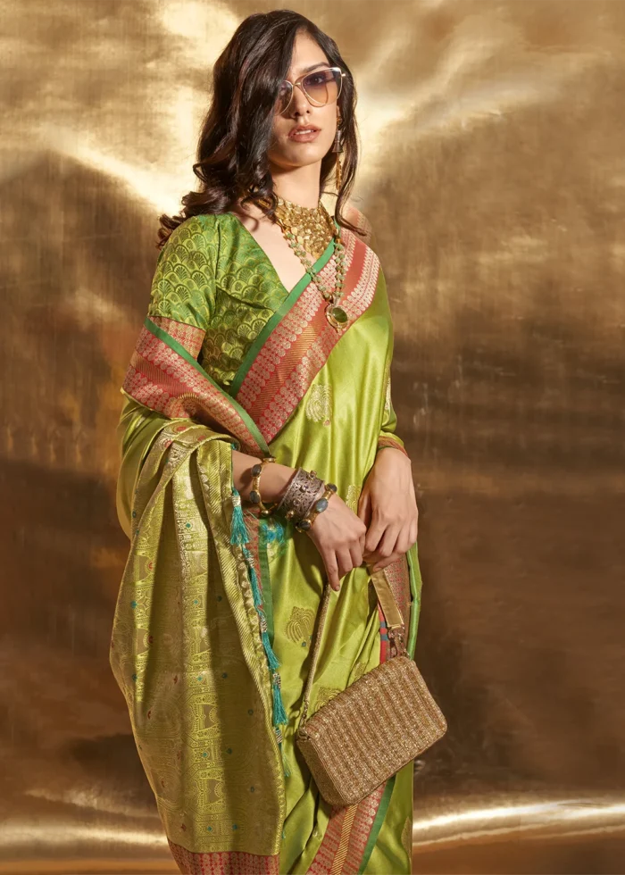 Bright Green Banarasi Satin Silk Saree