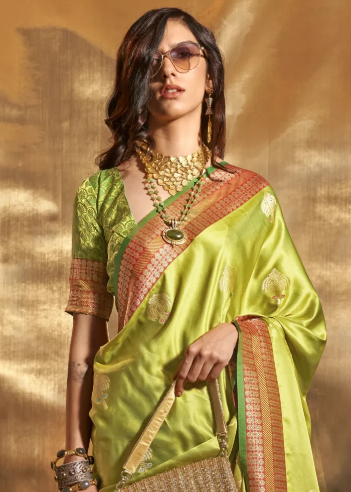 Bright Green Banarasi Satin Silk Saree