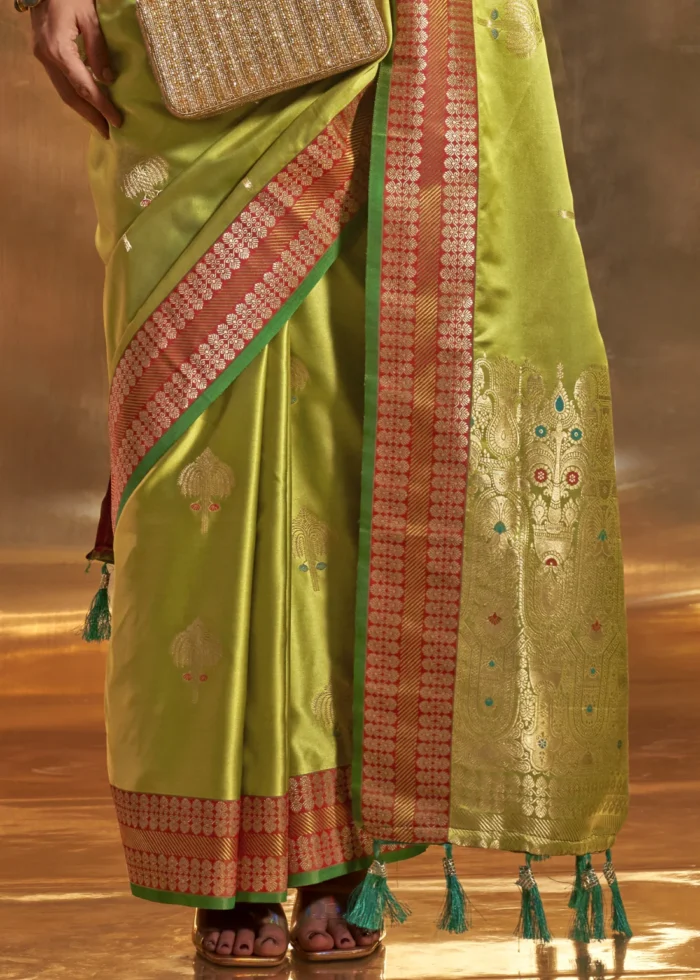 Bright Green Banarasi Satin Silk Saree