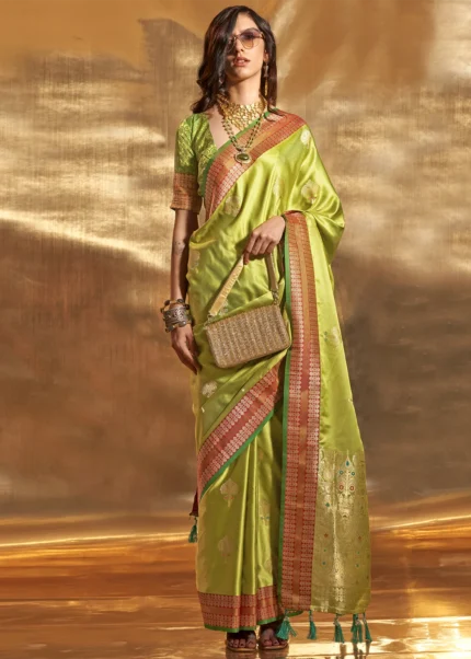 Bright Green Banarasi Satin Silk Saree