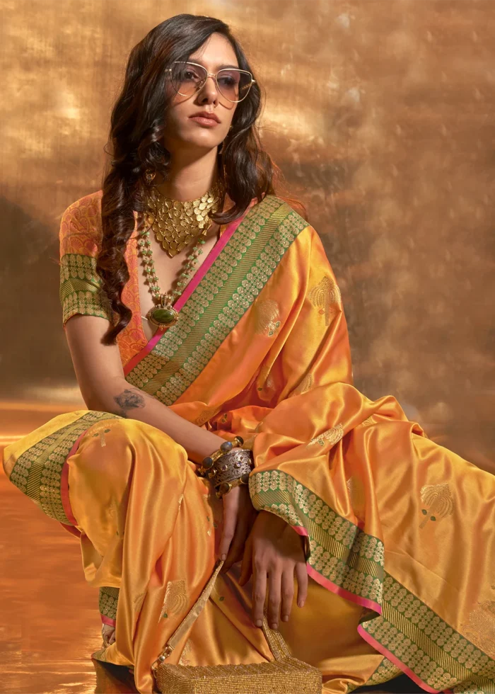 Bright Marigold Banarasi Satin Silk Saree