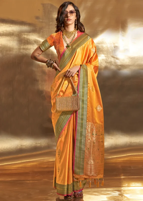 Bright Marigold Banarasi Satin Silk Saree