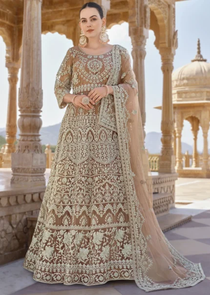 Brown Embroidered Anarkali Suit Set