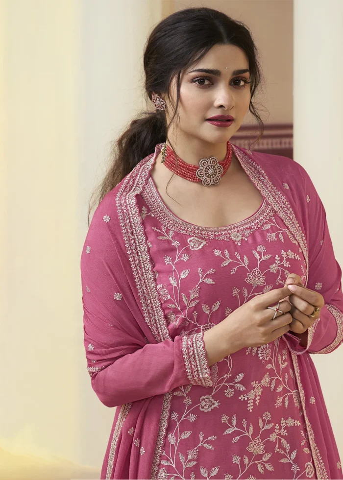 Cerise Pink Chinon Embroidered Sharara Suit