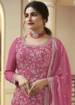 Cerise Pink Chinon Embroidered Sharara Suit