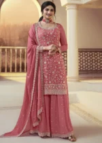 Coral Peach Chinon Embroidered Sharara Suit