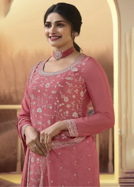 Coral Peach Chinon Embroidered Sharara Suit