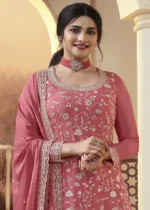 Coral Peach Chinon Embroidered Sharara Suit