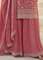 Coral Peach Chinon Embroidered Sharara Suit