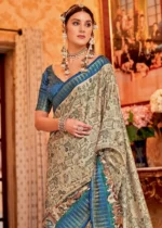 Cream and Blue Silk Saree with Tribal Print