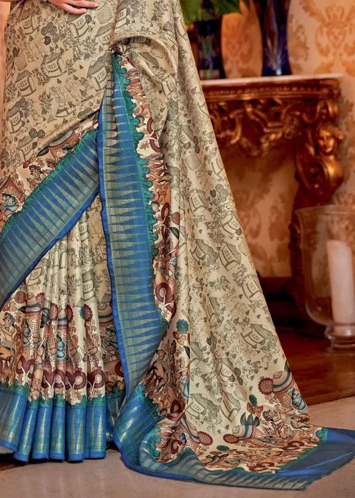 Cream and Blue Silk Saree with Tribal Print