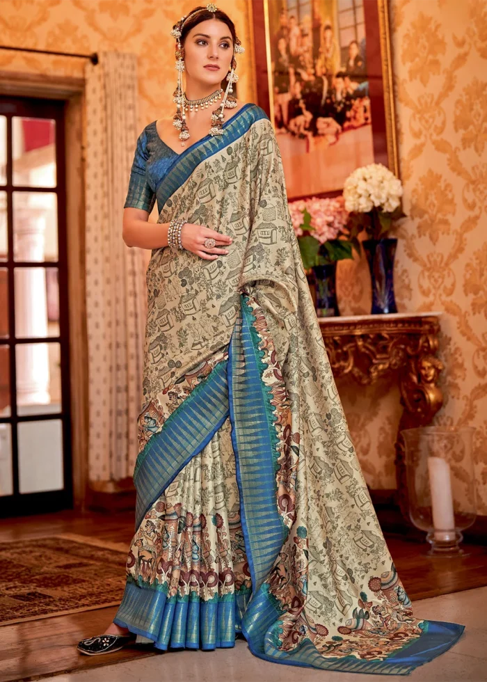 Cream and Blue Silk Saree with Tribal Print