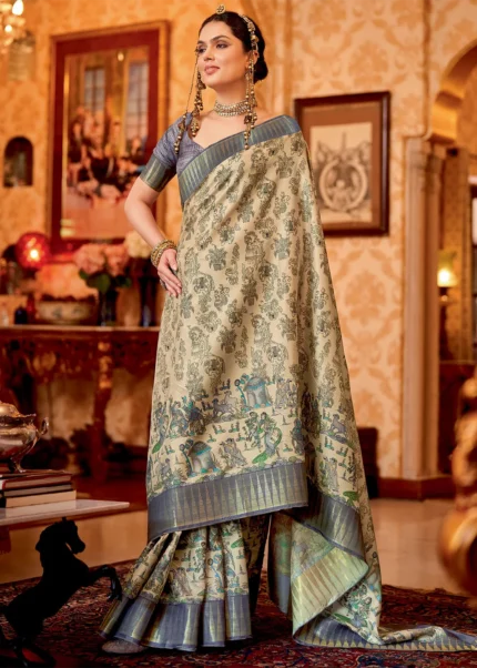 Cream and Gray Silk Saree with Tribal Print