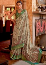 Cream and Green Silk Saree with Tribal Print