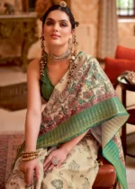 Cream and Green Silk Saree with Tribal Print