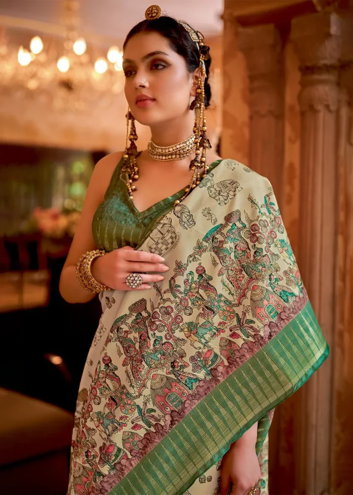 Cream and Green Silk Saree with Tribal Print