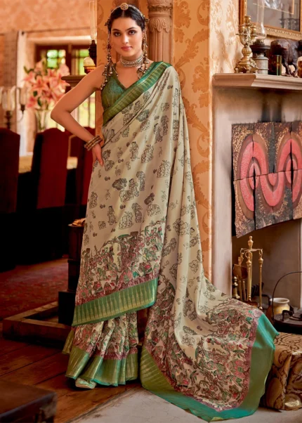 Cream and Green Silk Saree with Tribal Print