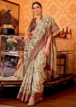 Cream and Magenta Silk Saree with Tribal Print