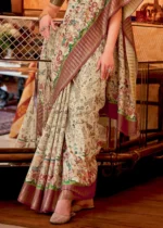 Cream and Magenta Silk Saree with Tribal Print