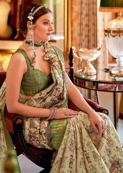 Cream and Olive Green Silk Saree with Tribal Print