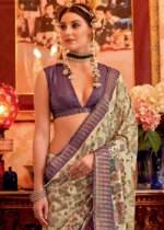 Cream and Purple Silk Saree with Tribal Print