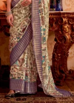 Cream and Purple Silk Saree with Tribal Print