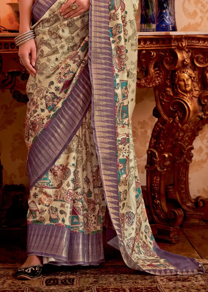 Cream and Purple Silk Saree with Tribal Print