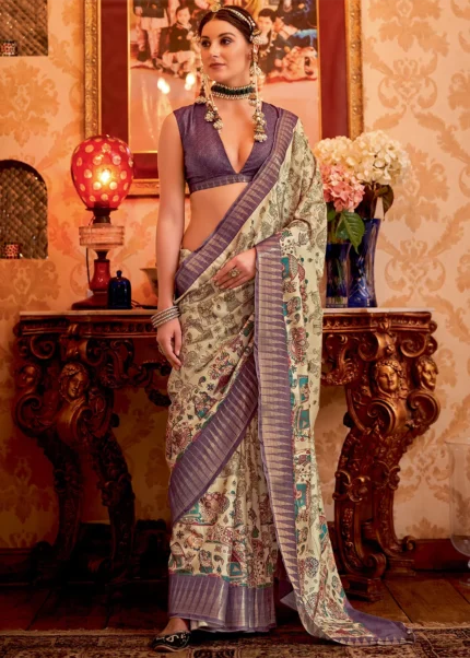 Cream and Purple Silk Saree with Tribal Print